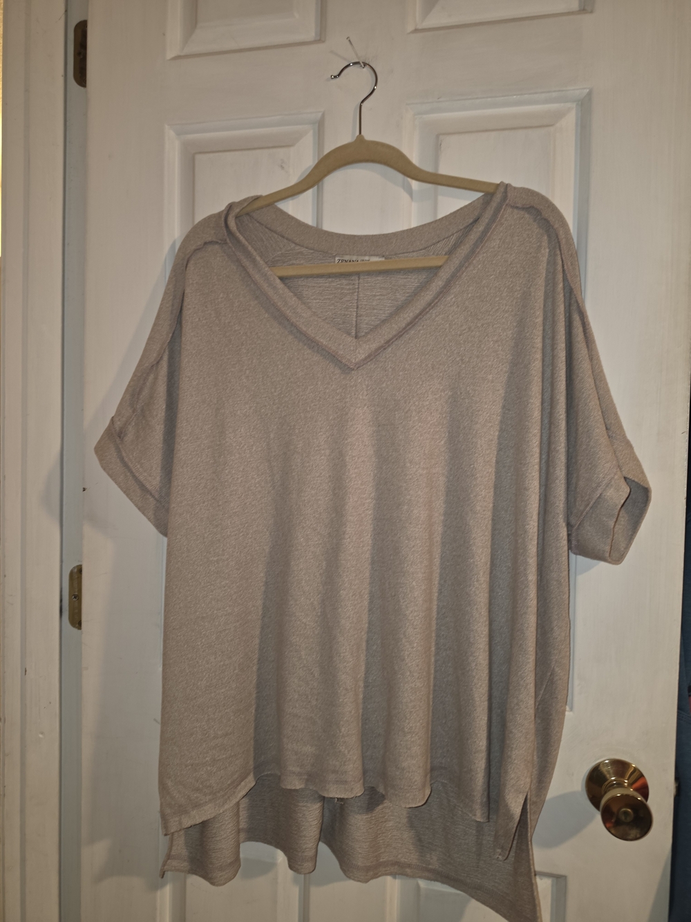 Zenana Outfitters Beige V-Neck Draped Short Sleeve Tunic